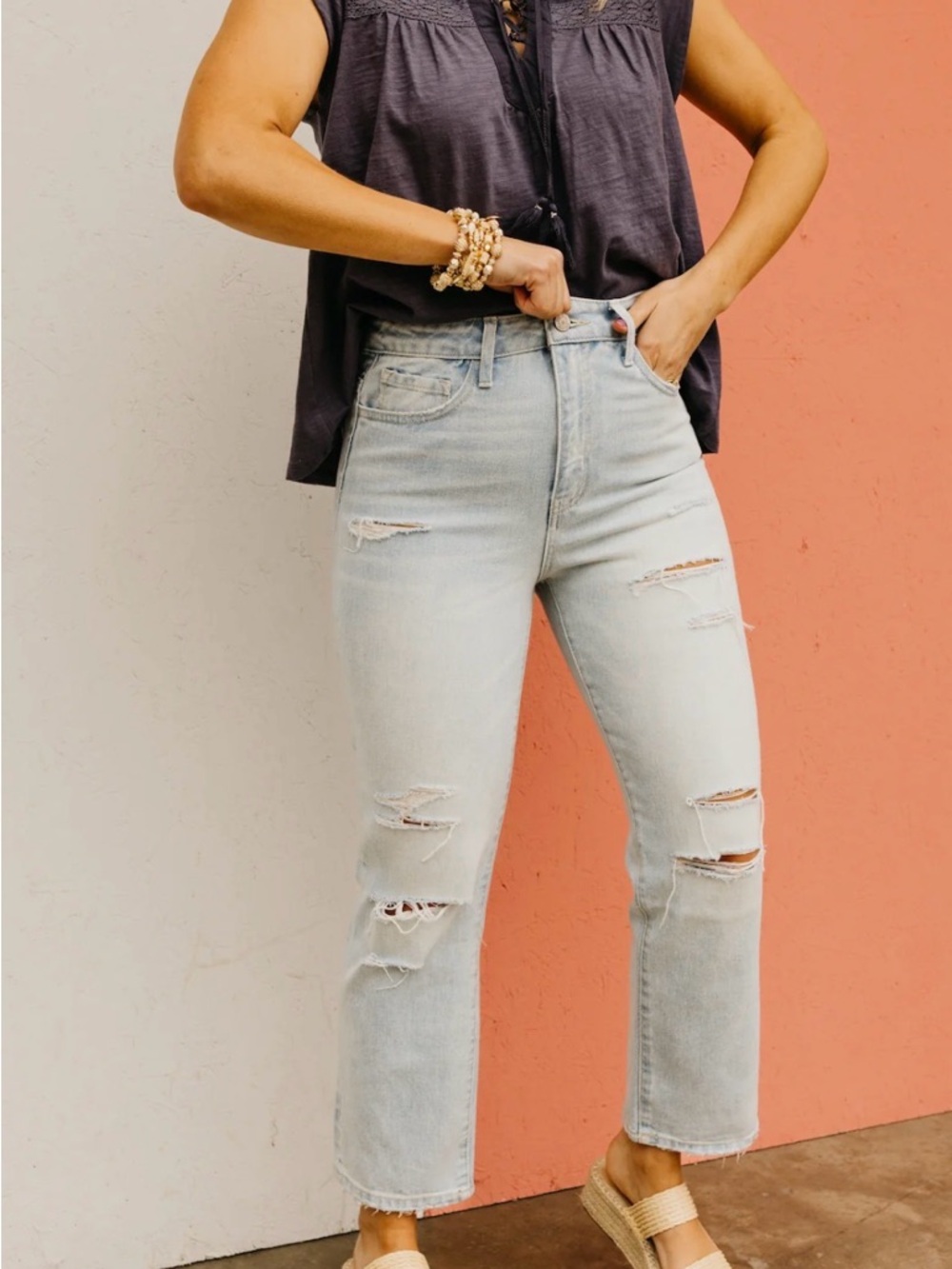 VERVET Light Wash Distressed High-Rise Straight Jeans - Women